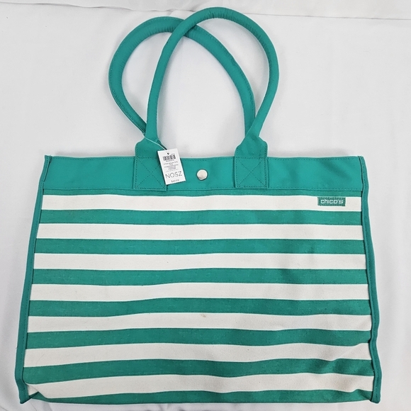 Chico Turquoise Striped Canvas Beach Tote Bag - Picture 3 of 11